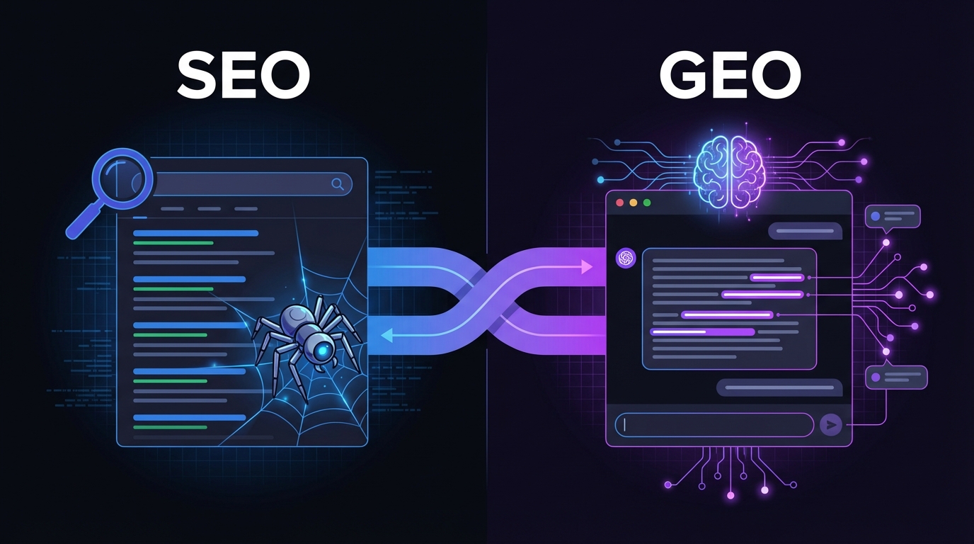 Infografika porównująca SEO i GEO - dwa lejki obok siebie